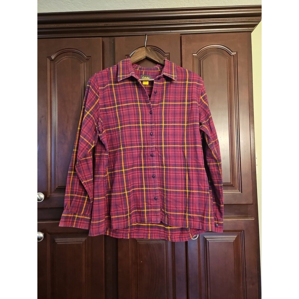 CABELA'S Purple Orange PLAID Women Size Medium M  Long Sleeve FLANNEL Shirt